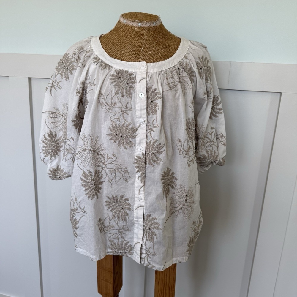 KAREN KANE Embroidered Top Blouse Women's Large Ivory Cotton Floral Coastal